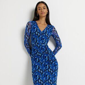 River Island Blue print belted midi bodycon dress